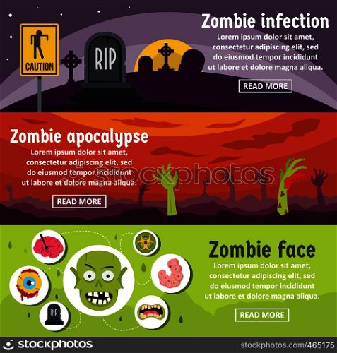 Zombie coming banner horizontal concept set. Flat illustration of 3 zombie coming vector banner horizontal concepts for web. Zombie coming banner horizontal set, flat style