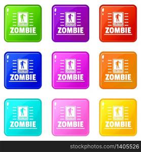 Zombie danger icons set 9 color collection isolated on white for any design. Zombie danger icons set 9 color collection