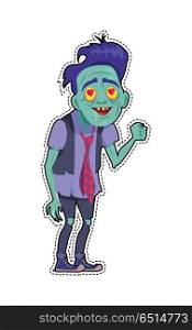 Zombie Date Sticker. Greeting Card. Zombie date. Character memphis sticker zombie with patch fashion pins isolated. Being greeting card. Creature fall in love, hearts in eyes. Valentines day. Halloween science fiction man in flat style