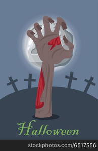 Zombie hand appears from grave with stone. Vector. Zombie hand appears from grave with stone. Night at the cemetery. Horrible arm of undead creature. Happy Halloween concept in flat style. Science fiction cartoon illustration. Horror fantasy. Vector