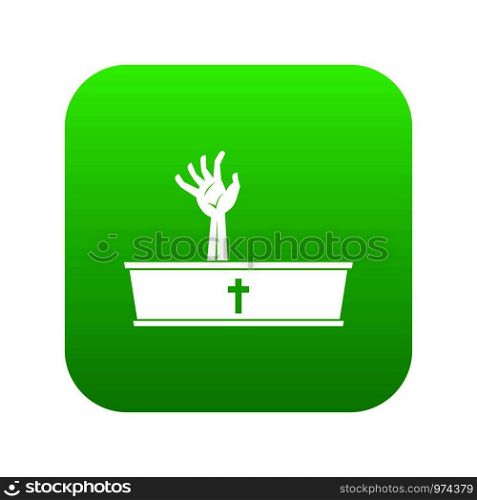 Zombie hand coming out of his coffin icon digital green for any design isolated on white vector illustration. Zombie hand coming out of his coffin icon digital green