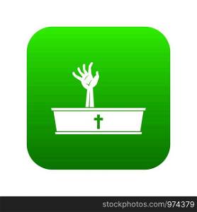 Zombie hand coming out of his coffin icon digital green for any design isolated on white vector illustration. Zombie hand coming out of his coffin icon digital green