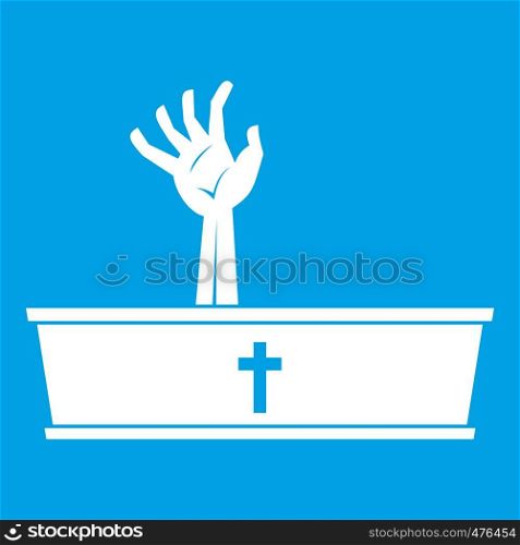 Zombie hand coming out of his coffin icon white isolated on blue background vector illustration. Zombie hand coming out of his coffin icon white