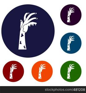 Zombie hand icons set in flat circle red, blue and green color for web. Zombie hand icons set