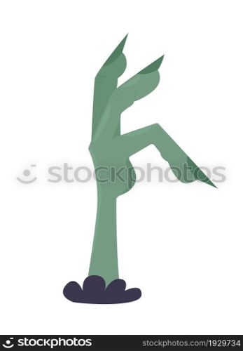 Zombie hand reaching from ground semi flat color vector item. Realistic object on white. Halloween decoration isolated modern cartoon style illustration for graphic design and animation. Zombie hand reaching from ground semi flat color vector item