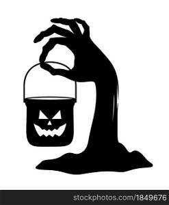 Zombie hand with halloween bucket. Trick or treat. Vector illustration.