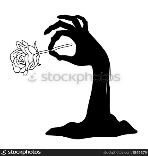 Zombie hand with rose. Happy halloween concept. Vector illustration.