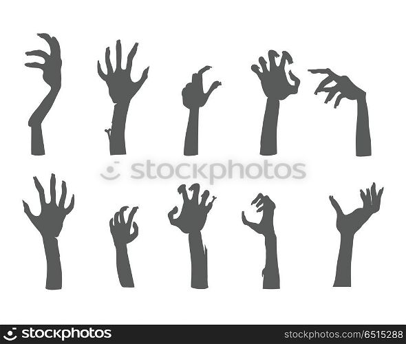 Zombie Hands Sticking out from the Ground Vector. Zombie hands sticking out from the ground. Various damaged and dried human limbs appear from the grave flat vector illustrations isolated on white. Undead arises on cemetery. For Halloween party decor