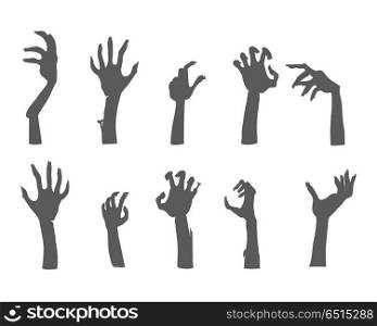 Zombie Hands Sticking out from the Ground Vector. Zombie hands sticking out from the ground. Various damaged and dried human limbs appear from the grave flat vector illustrations isolated on white. Undead arises on cemetery. For Halloween party decor