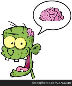 Zombie Head Cartoon Character And Speech Bubble With Brain