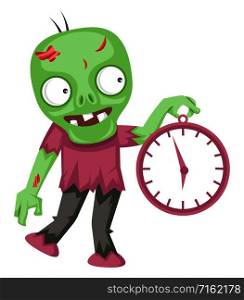 Zombie holding clock, illustration, vector on white background.