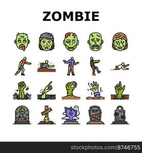 zombie horror scary dead evil icons set vector. monster creepy, hand death, undead nightmare, man fear, apocalypse blood hell zombie horror scary dead evil color line illustrations. zombie horror scary dead evil icons set vector