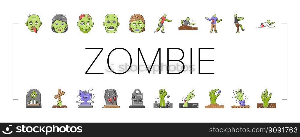 zombie horror scary dead evil icons set vector. monster creepy, hand death, undead nightmare, man fear, apocalypse blood hell zombie horror scary dead evil color line illustrations. zombie horror scary dead evil icons set vector