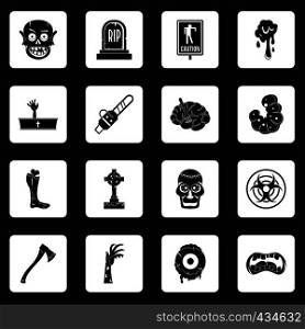 Zombie icons set in white squares on black background simple style vector illustration. Zombie icons set squares vector