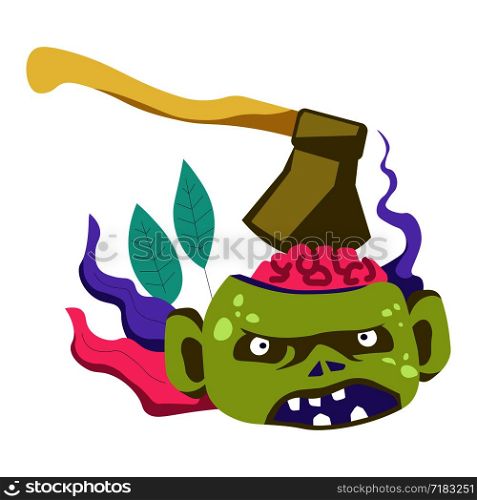 Zombie living creature with sharp ax in brain vector. Dead corpse of person with angry expression on face and instrument in head. Killing infected male, infection and apocalypse, foliage as decoration. Zombie living creature with sharp ax in brain vector