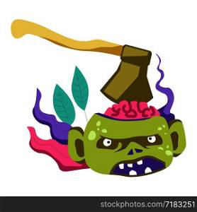 Zombie living creature with sharp ax in brain vector. Dead corpse of person with angry expression on face and instrument in head. Killing infected male, infection and apocalypse, foliage as decoration. Zombie living creature with sharp ax in brain vector