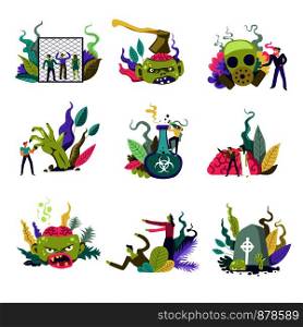 Zombie living creatures and people defending themselves isolates set vector. Head of dead, captured undead things, chemical substance in laboratory, cure of infection. Cemetery and crawling organism. Zombie living creatures and people defending themselves vector