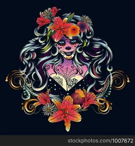 Zombie or witch woman with halloween sugar skull makeup in flower crown with lily flowers.