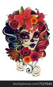 Zombie or witch woman with halloween sugar skull makeup in flower crown with lily flowers.