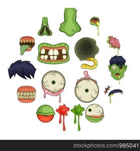 Zombie parts icons set. Cartoon illustration of 16 zombie parts vector icons for web. Zombie parts icons set, cartoon style