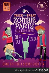 Zombie Party Poster. Zombie party poster with trick or treat symbols cartoon vector illustration