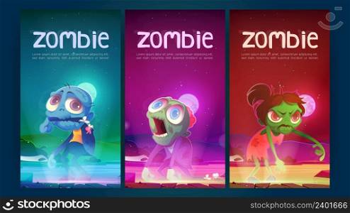 Zombie posters with creepy undead characters. Vector banners of scary monsters with cartoon illustration of night landscape with angry dead woman and men with dangling arms. Zombie posters with creepy undead characters