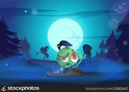 Zombie rise from the grave Halloween creepy scene. Funny cartoon character with crow on head sit in pit at deep night forest with spooky monster silhouettes at midnight background, Vector illustration. Zombie rise from the grave Halloween creepy scene