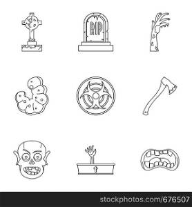 Zombie teritory icon set. Outline set of 9 zombie teritory vector icons for web isolated on white background. Zombie teritory icon set, outline style