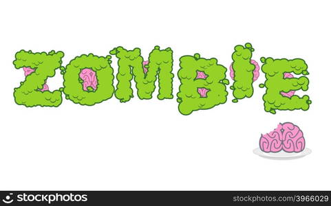 Zombie text. Green terrible letter and brains. horror Lettering and typography. Human brain on plate&#xA;