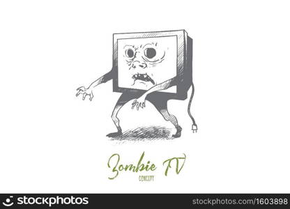 Zombie TV concept. Hand drawn media zombie person with tv set instead of head. Man with television head isolated vector illustration.. Zombie TV concept. Hand drawn isolated vector.