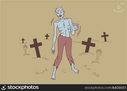 Zombie walking on cemetery at night. Creepy monster on Halloween outside. Walking dead. Vector illustration. . Zombie walking on cemetery at night