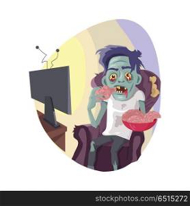 Zombie Watching TV Flat Vector Illustration. TV zombie. Creepy dead man with green skin seating in chair, watching TV-shows and eating brains from dish flat vector illustration isolated on white background. Zombiing of television viewers concept. Zombie Watching TV Flat Vector Illustration