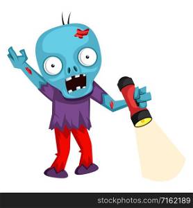 Zombie with flashlight, illustration, vector on white background.