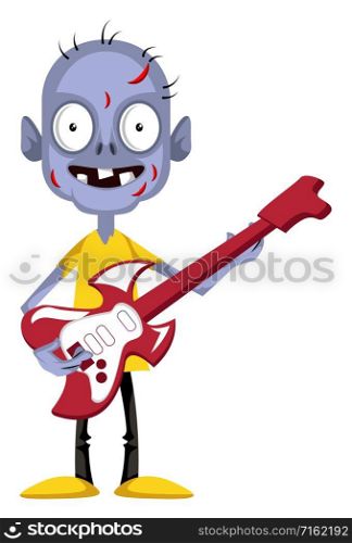 Zombie with guitar, illustration, vector on white background.