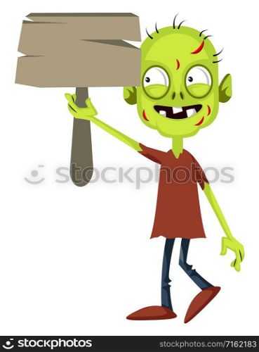 Zombie with wooden sign, illustration, vector on white background.