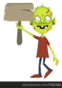 Zombie with wooden sign, illustration, vector on white background.