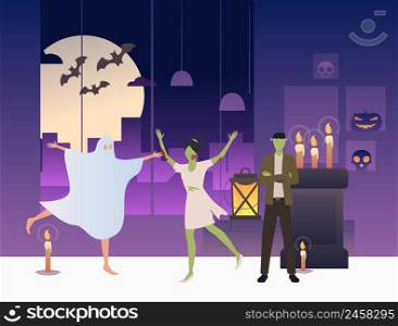 Zombies and ghost dancing in dark room. Interior, party, decorations, cartoon characters. Vector illustration for leaflet, poster, banner