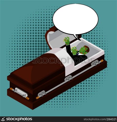 Zombies in coffin in pop art style. Green dead man in wooden shell and bubble for text. Corpse in open casket for burial. Deceased with cadaveric spots 