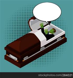 Zombies in coffin in pop art style. Green dead man in wooden shell and bubble for text. Corpse in open casket for burial. Deceased with cadaveric spots 