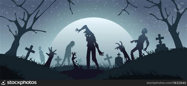 Zombies on graveyard. Cemetery background with scary monsters silhouettes and creepy gravestones. Spooky night misty landscape. Undead climb out of grave. Vector cartoon horror scene with walking dead. Zombies on graveyard. Cemetery background with scary monsters silhouettes and creepy gravestones. Spooky night landscape. Undead climb out of grave. Vector horror scene with walking dead