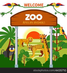 Zoo African Animals . Zoo african animals with exotic birds at sunrise or sunset vector illustration