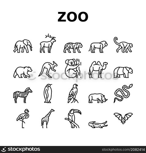 Zoo Animals, Birds And Snakes Icons Set Vector. Exotic Tiger And Elephant, Deer And Kangaroo, Camel And Panda Bear, Zebra And Monkey In Zoo Line. Flamingo And Penguin Black Contour Illustrations. Zoo Animals, Birds And Snakes Icons Set Vector