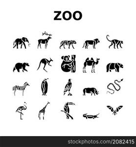 Zoo Animals, Birds And Snakes Icons Set Vector. Exotic Tiger And Elephant, Deer And Kangaroo, Camel And Panda Bear, Zebra And Monkey In Zoo. Flamingo And Penguin Glyph Pictograms Black Illustrations. Zoo Animals, Birds And Snakes Icons Set Vector
