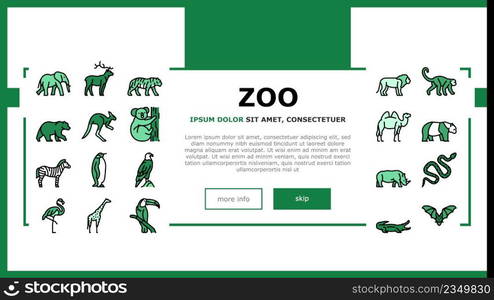 Zoo Animals, Birds And Snakes Landing Web Page Header Banner Template Vector. Exotic Tiger And Elephant, Deer And Kangaroo, Camel And Panda Bear, Zebra And Monkey In Zoo Line. Flamingo Illustration. Zoo Animals, Birds And Snakes Landing Header Vector