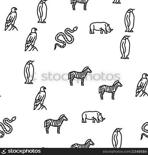 Zoo Animals, Birds And Snakes Vector Seamless Pattern Thin Line Illustration. Zoo Animals, Birds And Snakes Vector Seamless Pattern