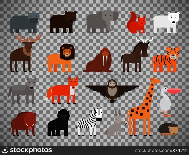 Zoo animals flat colorful icons isolated on transparent background. Vector illustration. Zoo animals set on transparent background