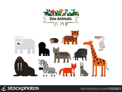 Zoo Animals Flat Design Colorful Vector Icons Set. Zoo Animals Flat Design Icons Set