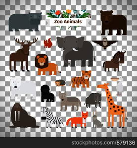 Zoo animals flat design vector icons isolated on transparent background. Zoo animals icons on transparent background