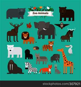 Zoo Animals Flat Design Vector Icons. Lion and the elephant, giraffe and zebra isolated on blue. Zoo Animals Icons