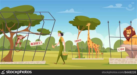 Zoo background. Cartoon animals and technician workers feeds and care zoo animals exact vector illustration. Animal monkey and african cat, lion and giraffe. Zoo background. Cartoon animals and technician workers feeds and care zoo animals exact vector illustration